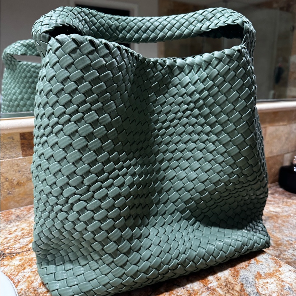 Vegan leather hand woven tote bag